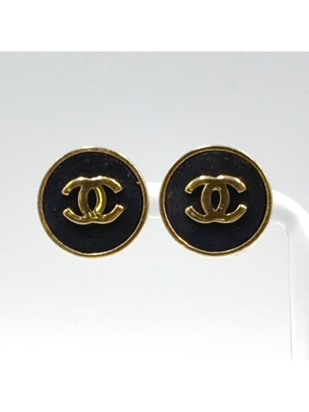 Chanel CC Logo Round Plastic Gold Black Earrings